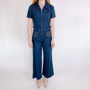 FINAL 70s Denim Zip Up Bell Bottoms Jumpsuit SM
